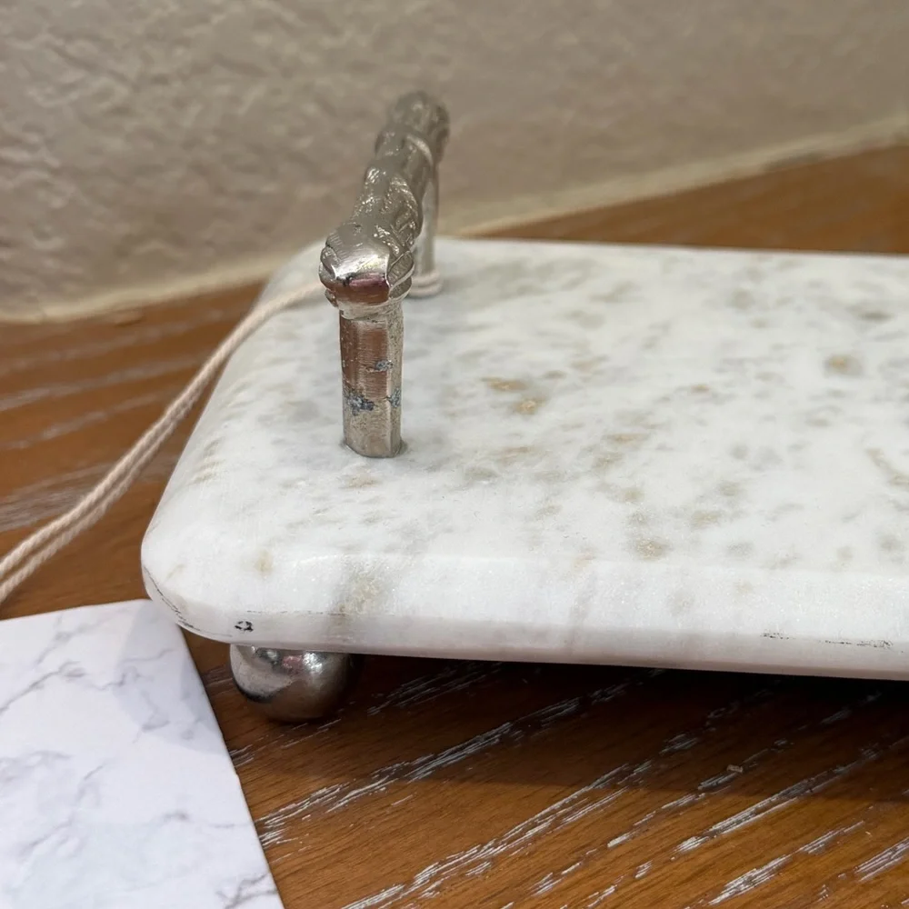 NWT Elegant Marble Bath Vanity Tray with Silver Handles - Made in India